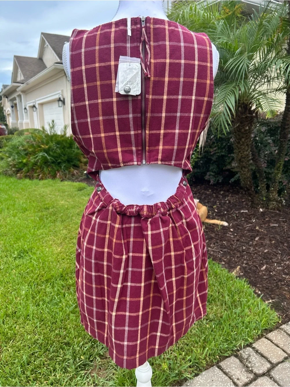 NWT🌷(S) Free People Plaid Printed Boat Neck Sleeveless Back Cut-Out Mini Dress